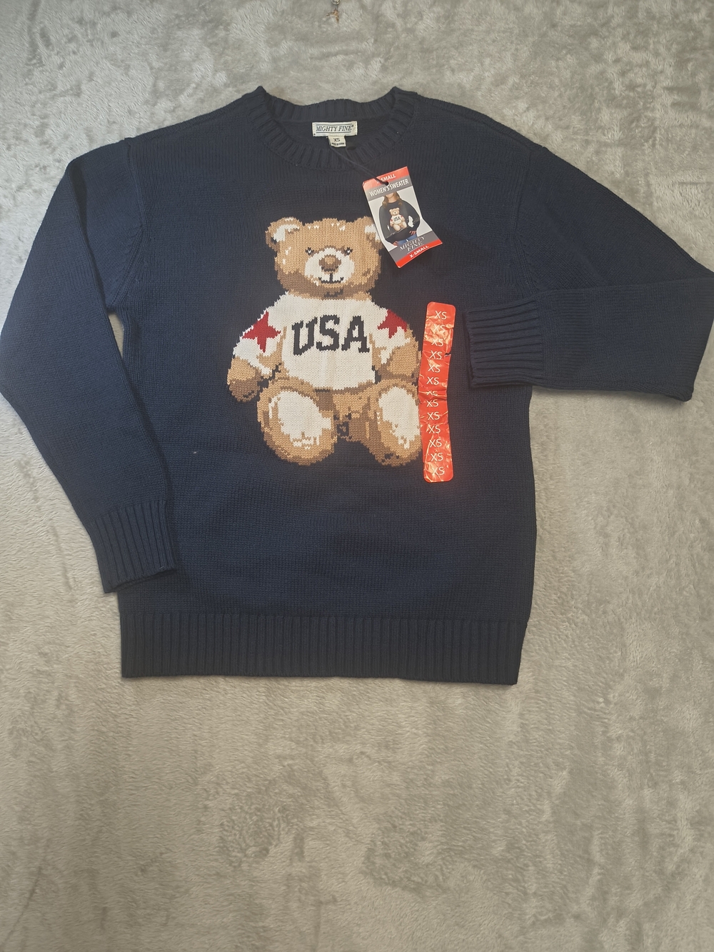 Mighty Fine Navy Crewneck Sweater with Bear USA Motif